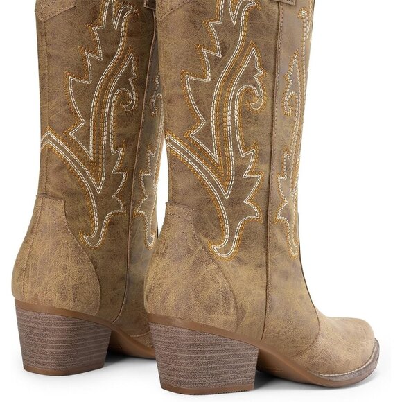 Brand New Women's Tan Faux Leather Chunky Heel Embroidery Stitched Western Boot - Picture 4 of 7